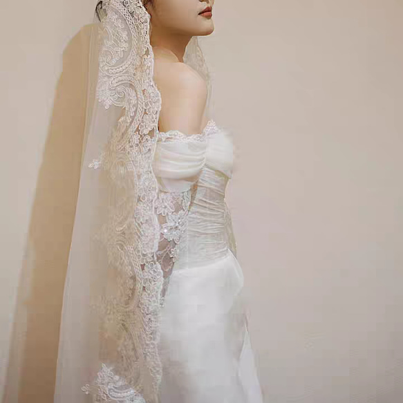 美しい花レース シアーな美しさ 長袖 オフショルダー  ウェディングドレス フロントスリット /前撮り結婚式//H013 6枚目の画像