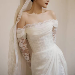 美しい花レース シアーな美しさ 長袖 オフショルダー  ウェディングドレス フロントスリット /前撮り結婚式//H013 2枚目の画像