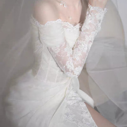 美しい花レース シアーな美しさ 長袖 オフショルダー  ウェディングドレス フロントスリット /前撮り結婚式//H013 11枚目の画像