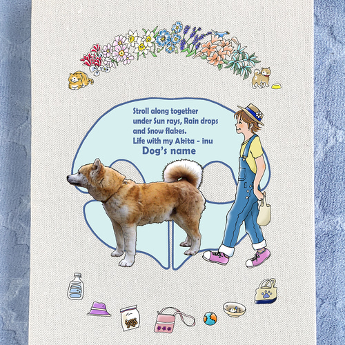 オリジナルイラスト　犬(ハンドメイド) 購入不可 アートパネル 秋田犬 33cmx24cm オリジナル 犬 イラスト 散歩 ワン