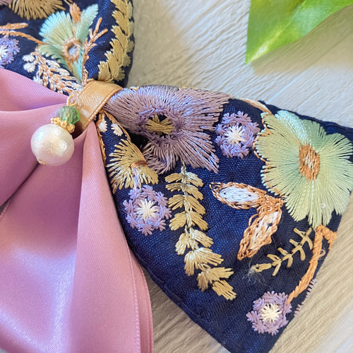 バレッタ インド刺繍 リボン パール付き 紺 パープル 青 大きめ 上品  