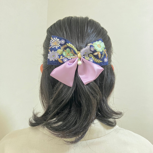 バレッタ インド刺繍 リボン パール付き 紺 パープル 青 大きめ 上品  