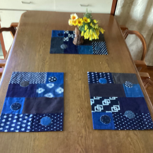 藍 かすり 縞つなぎのランチョンマット 花瓶敷き A その他インテリア