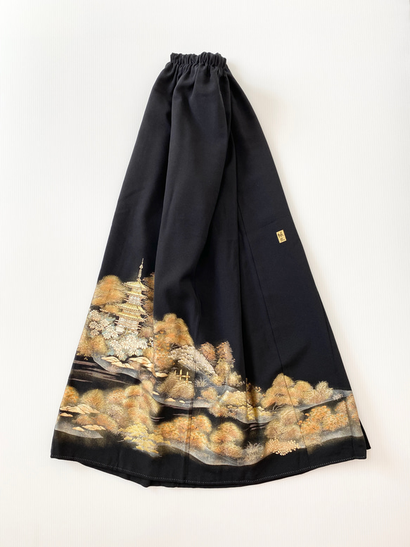 黒留袖着物リメイクウエストゴムロングスカート送料無料フリーサイズ1点物黒留袖着物リメイクロングスカートNO.1936 6枚目の画像