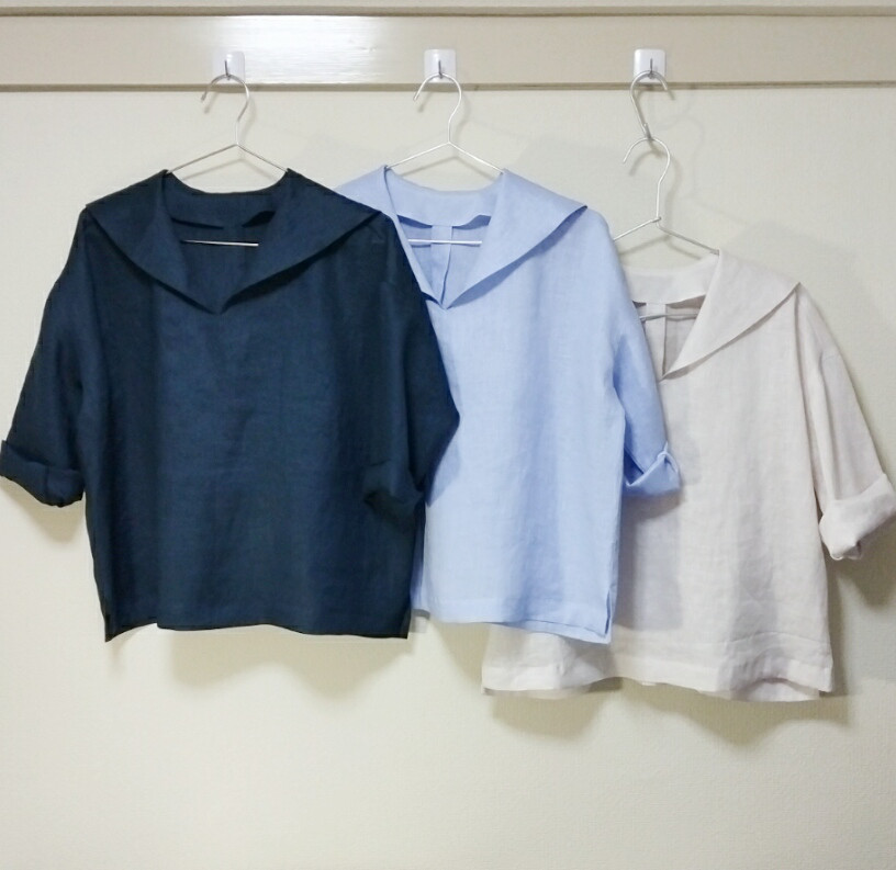 リネン100％のブラウス　七分袖　白〜生成り