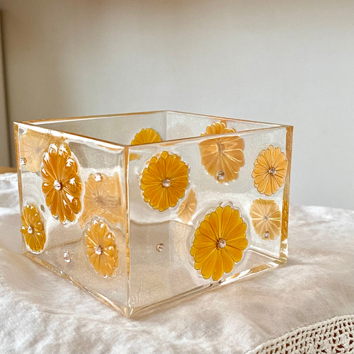 お花 小物入れ フリーボックス 黄色 オレンジ 透明 文具 文房具 収納 