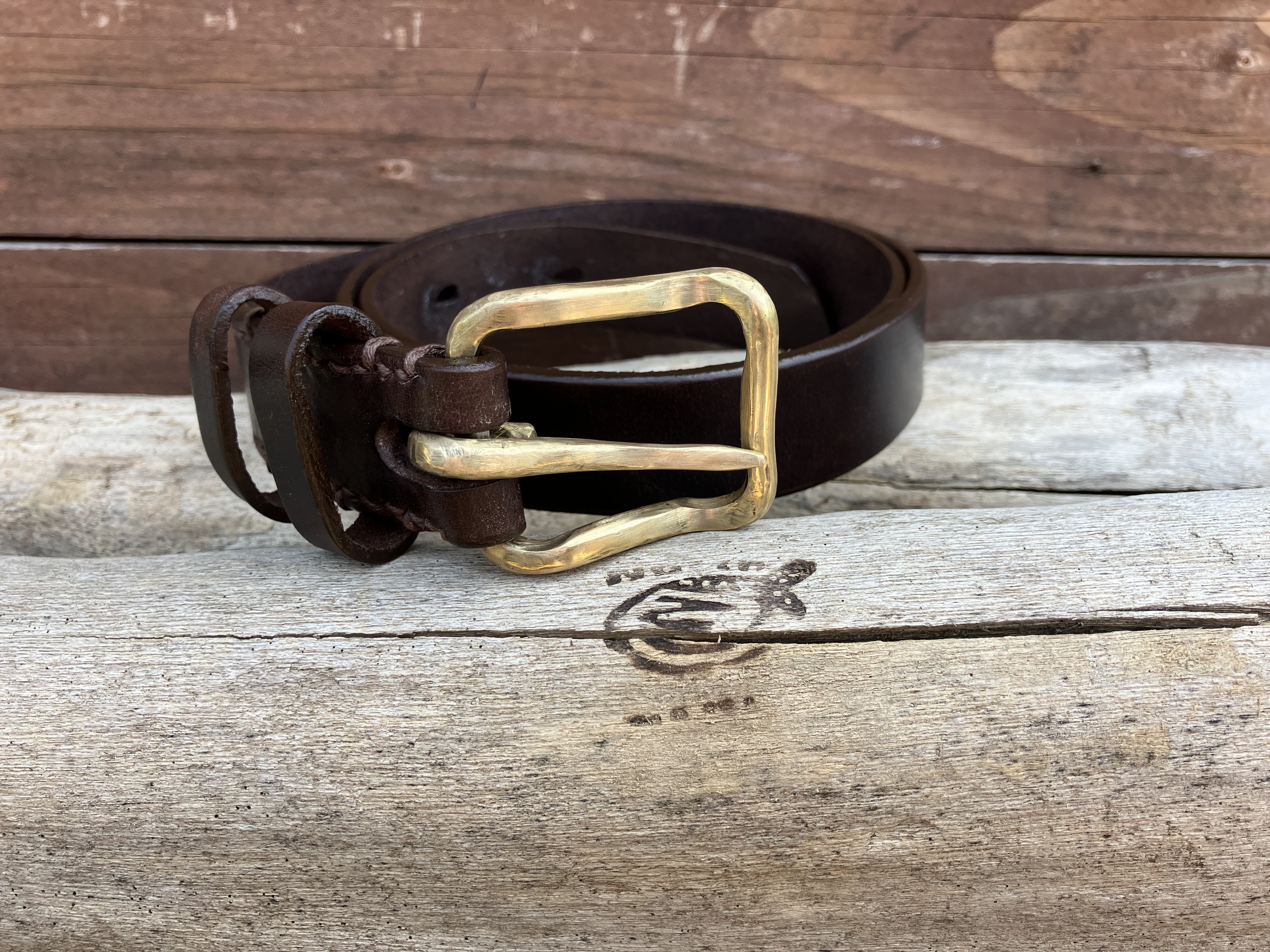 手作り真鍮バックルレザーベルト　焦茶