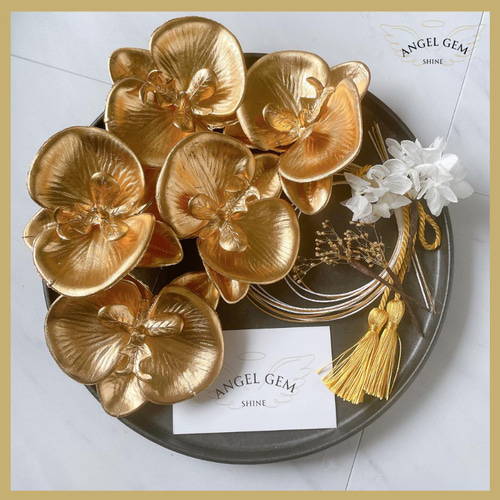 ゴールド金 胡蝶蘭髪飾り 水引 成人式 結婚式 卒業式 和装前撮り 白