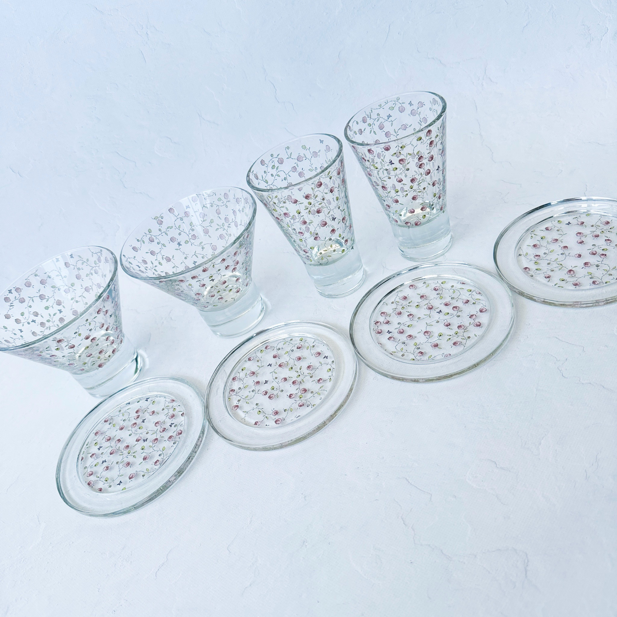 【新品/未使用】ポーセラーツ/ガラスコップ、デザート器、コースターセット