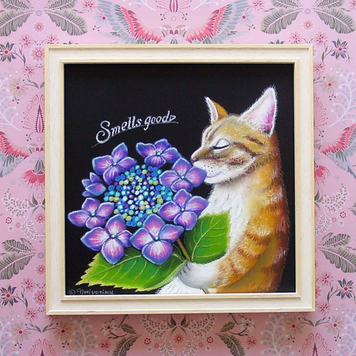 猫 花 花畑 ハンドメイド 原画 水彩 しましま にっこり - メルカリ