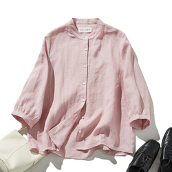 採用優質亞麻布料製成的襯衫，具有自然紋理 四分之三袖襯衫 淺粉色 240503-4 第1張的照片