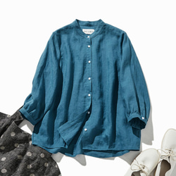 採用優質亞麻布料製成的襯衫，具有天然紋理 四分之三袖襯衫 孔雀藍 240503-5 第1張的照片