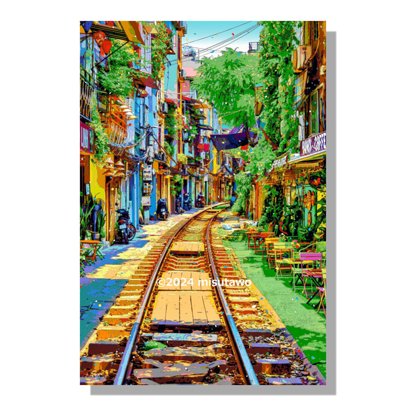 選べる3枚組ポストカード】ベトナム ハノイの列車通り【作品No.596