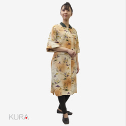 ぼかし茶屋柄のポロ衿ワンピースドレス☆1点物の着物のアップサイクル商品 3枚目の画像