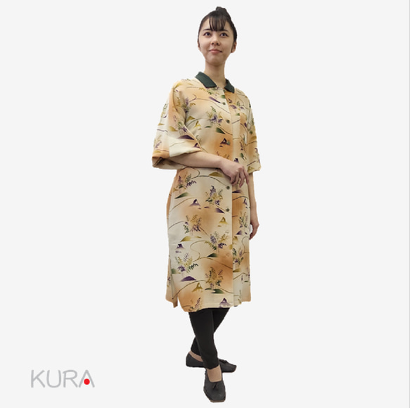 ぼかし茶屋柄のポロ衿ワンピースドレス☆1点物の着物のアップサイクル商品 3枚目の画像