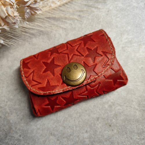 お札折らない 本革スマイル×星柄型押しアコーディオンポーチ その他  