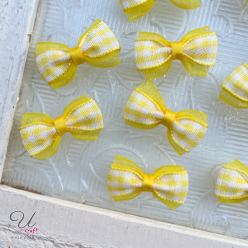 558【パーツ/16ヶ】サテンチェック×オーガンジーリボン/イエロー  