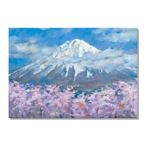 桜舞う富士】油絵原画 一点物 額縁付 豪華プレゼント付き 絵画