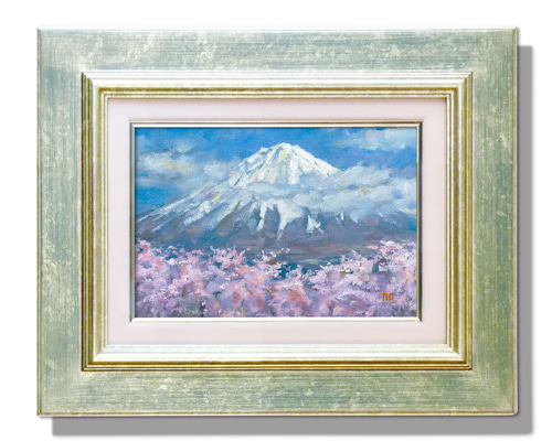 桜舞う富士】油絵原画 一点物 額縁付 豪華プレゼント付き 絵画