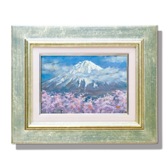 桜舞う富士】油絵原画 一点物 額縁付 豪華プレゼント付き 絵画