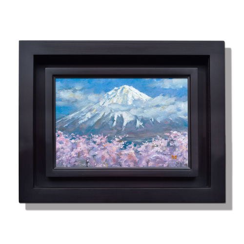 桜舞う富士】油絵原画 一点物 額縁付 豪華プレゼント付き 絵画