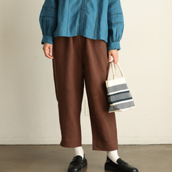 適合全年穿著的理想亞麻褲，長褲，錐形廓形，深棕色 240504-2 第3張的照片