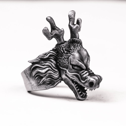 シルバー925ドラゴンヘッドリング 神獣ユニコーンリング 龍の子