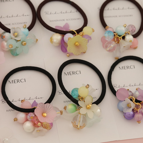 ジャラジャラヘアゴム パープルピンク/グリーン/フラワー