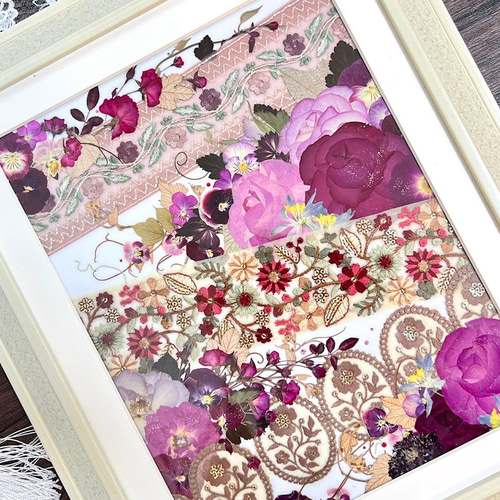 華やか！薔薇とインド刺繍リボンの押し花アート額 その他アート 神戸