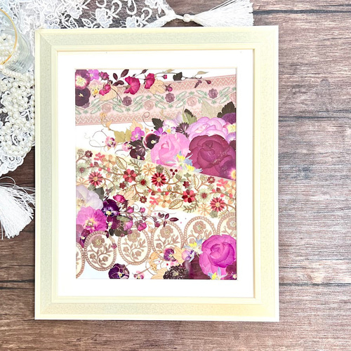 華やか！薔薇とインド刺繍リボンの押し花アート額 その他アート