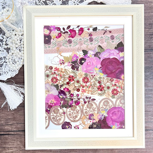 華やか！薔薇とインド刺繍リボンの押し花アート額 その他アート 神戸