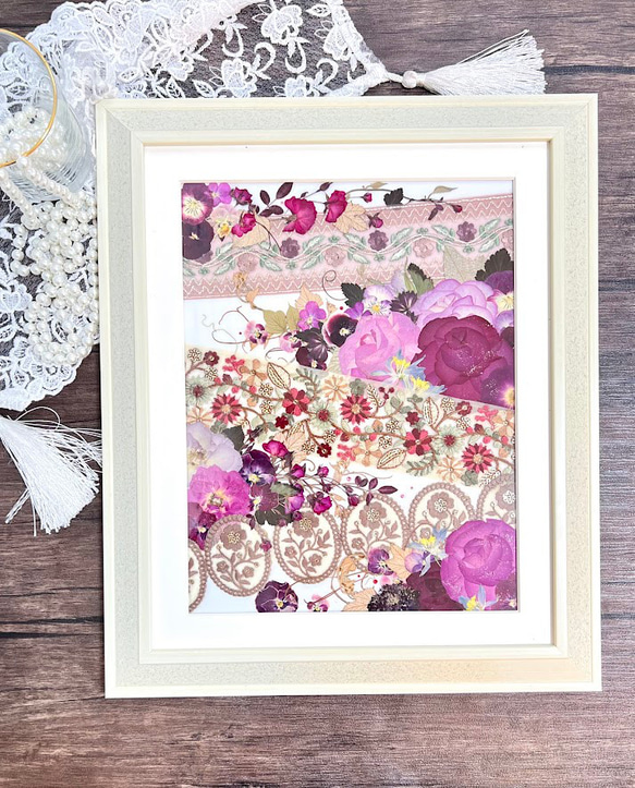 華やか！薔薇とインド刺繍リボンの押し花アート額 その他アート 神戸