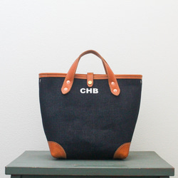 【2way】デニムと本革のミニトート　ショルダー対応　トートバッグ　ランチトート　デニムトート　本革　肩掛け 1枚目の画像