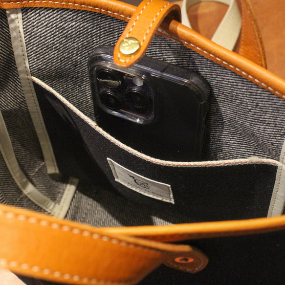 【2way】デニムと本革のミニトート　ショルダー対応　トートバッグ　ランチトート　デニムトート　本革　肩掛け 9枚目の画像