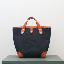 【2way】デニムと本革のミニトート　ショルダー対応　トートバッグ　ランチトート　デニムトート　本革　肩掛け 14枚目の画像