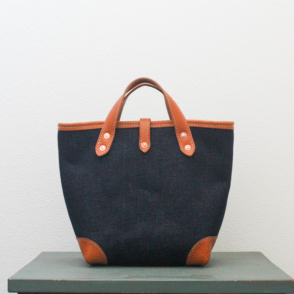 【2way】デニムと本革のミニトート　ショルダー対応　トートバッグ　ランチトート　デニムトート　本革　肩掛け 14枚目の画像