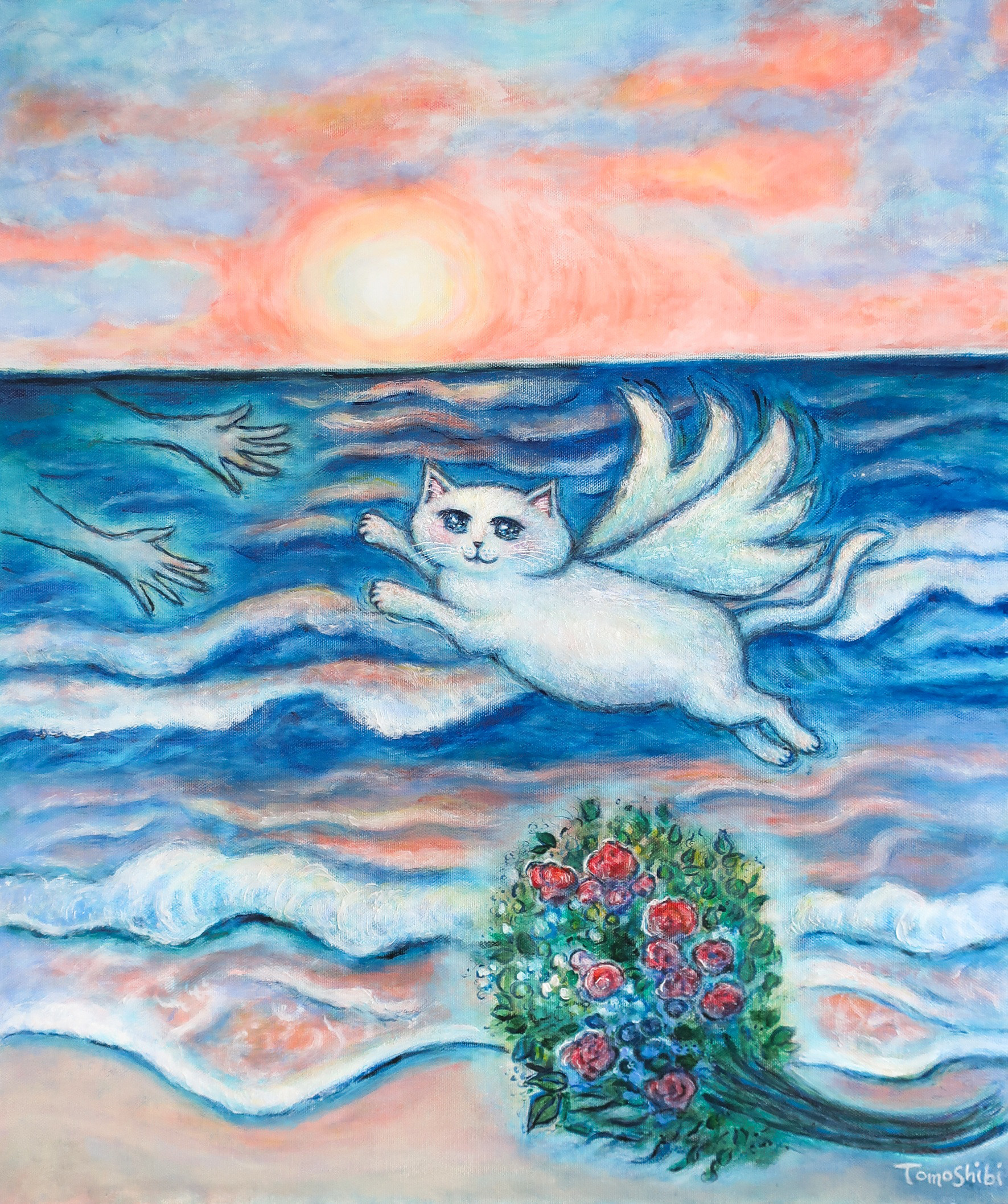 絵画。原画【かわいい猫が追随者の月と花の海を旅する】
