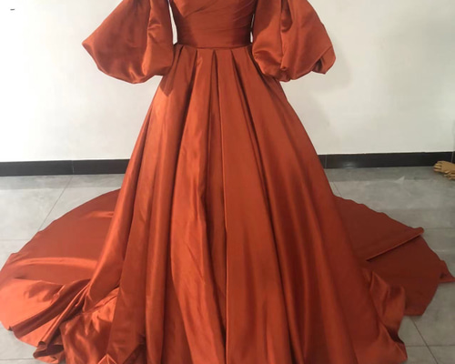人気上昇！カラードレス テラコッタ色 ベアトップ パフスリーブ 花嫁  