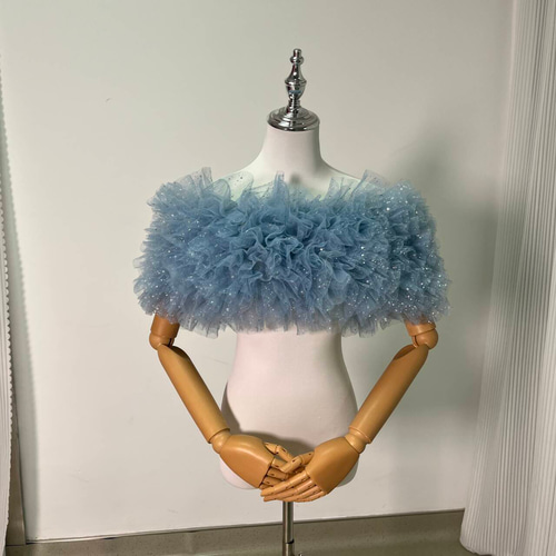 取り外しオフショルダー ライトブルー ラッフルフリル 編み上げ  