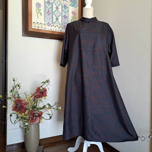 ☆ 着物リメイク/大島紬/一点もの/ロールカラーワンピ―ス
