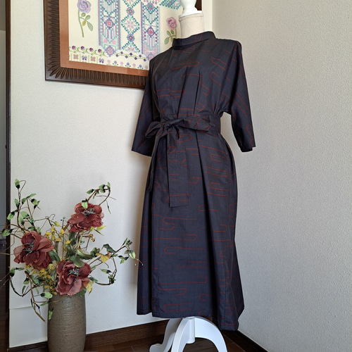 ☆ 着物リメイク/大島紬/一点もの/ロールカラーワンピ―ス