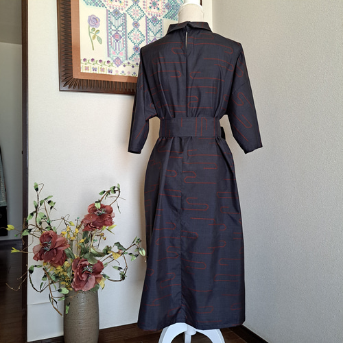 ☆ 着物リメイク/大島紬/一点もの/ロールカラーワンピ―ス