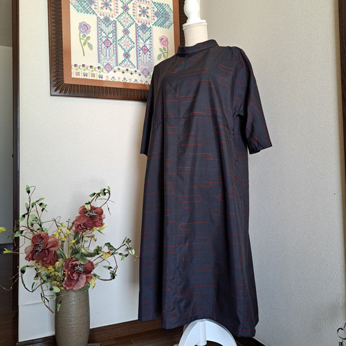 ☆ 着物リメイク/大島紬/一点もの/ロールカラーワンピ―ス