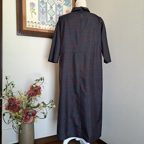 ☆ 着物リメイク/大島紬/一点もの/ロールカラーワンピ―ス