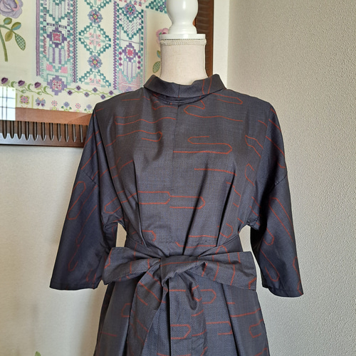 ☆ 着物リメイク/大島紬/一点もの/ロールカラーワンピ―ス