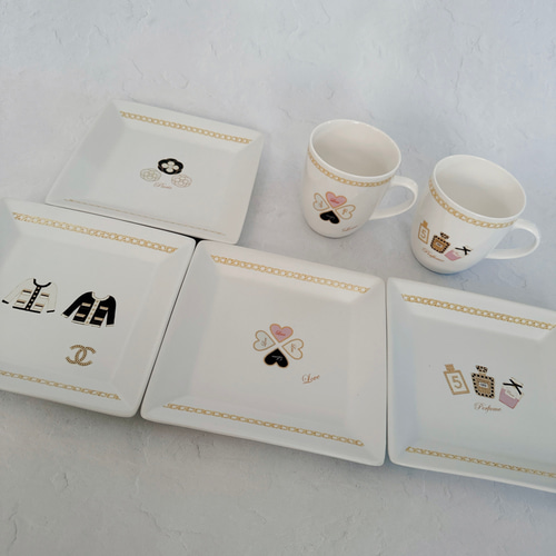 新品/未使用】ポーセラーツ/プレート4枚、マグカップ2個セット 中皿 