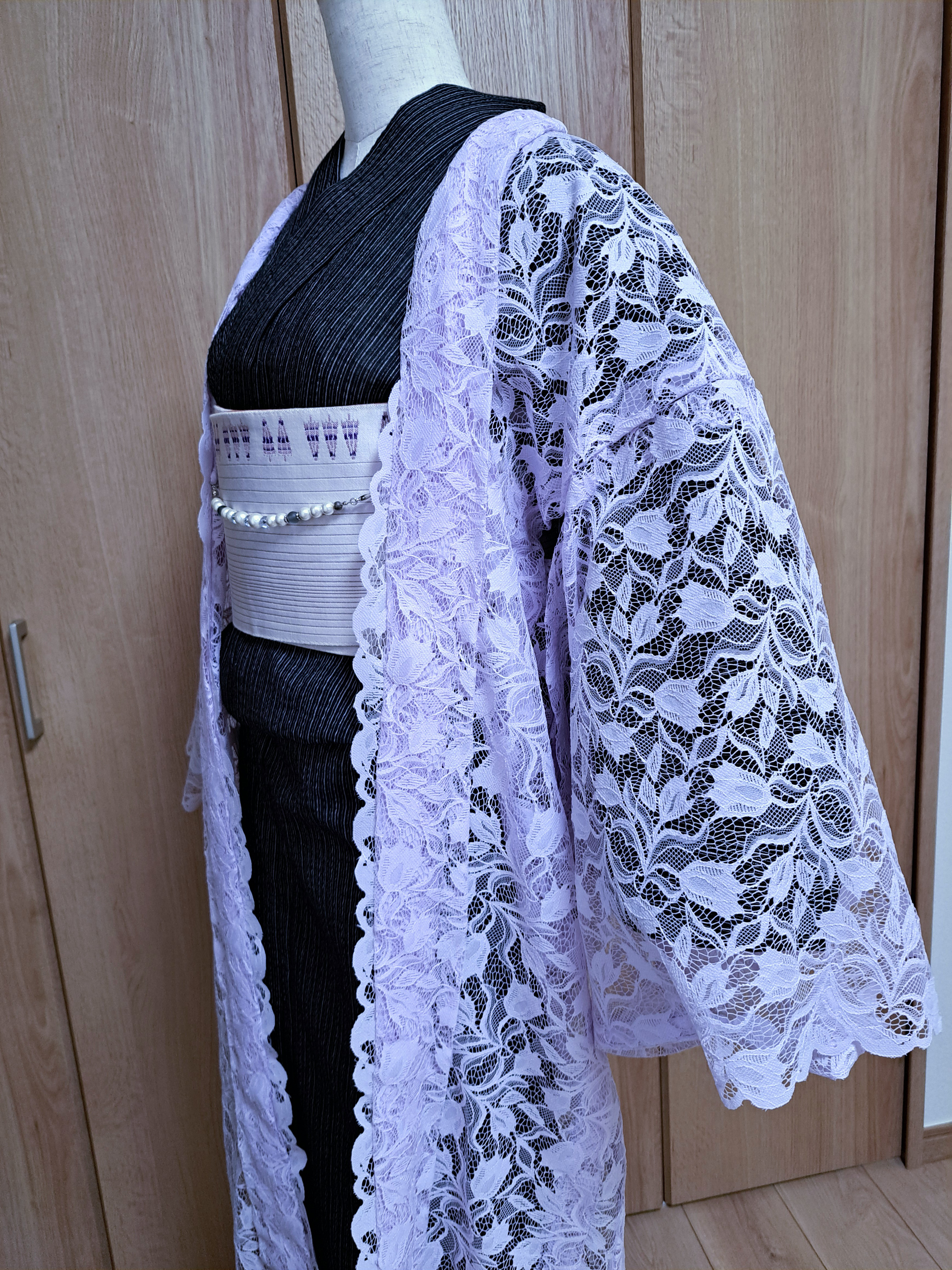 レース長羽織#ラベンダー#スカラップ#洗える羽織#花模様#着物