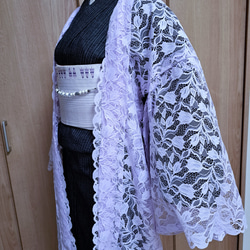レース長羽織#ラベンダー#スカラップ#洗える羽織#花模様#着物#浴衣 