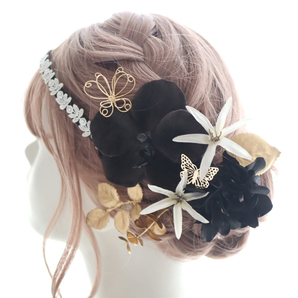 髪飾り　胡蝶蘭　コチョウラン　黒　ゴールド結婚式　ウェディング　成人式　ブライダル　ヘアアクセ　ヘッドドレス