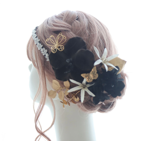 髪飾り　胡蝶蘭　コチョウラン　黒　ゴールド結婚式　ウェディング　成人式　ブライダル　ヘアアクセ　ヘッドドレス　 9枚目の画像